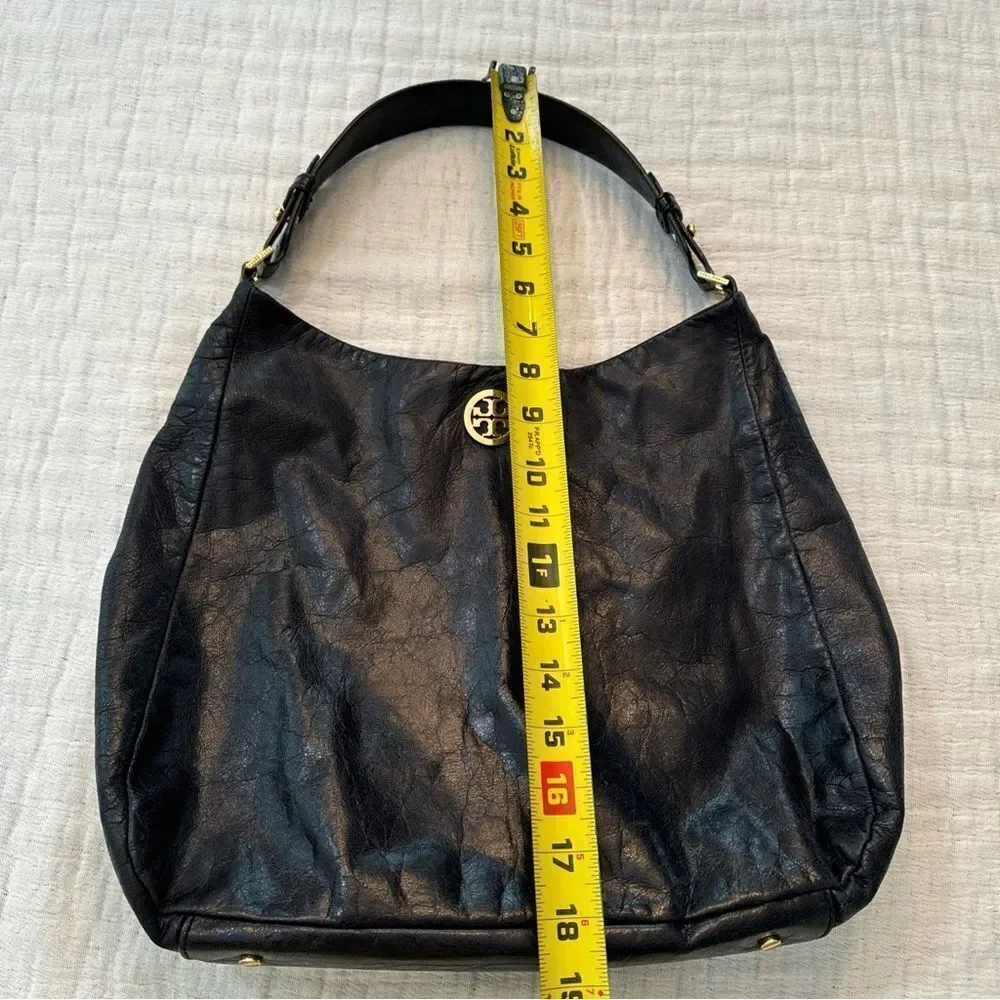 TORY BURCH Dena Black Glazed Distressed Leather Hobo Shoulder Bag